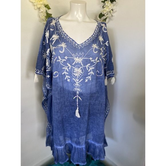 Women’s Caribbean Joe Beach Blue White Boho Pullover Cover Up Dress Size OS‎ NWT - Picture 1 of 16